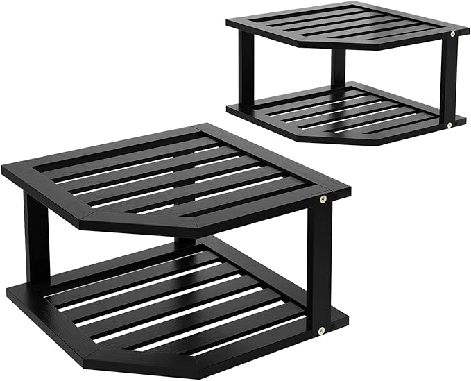 VERTORGAN Bamboo Corner Shelf(2 Pack),2 Tier Plate Organizer for Cabinet and Countertop,Pantry Dish and Spice Rack for Kitchen(Black)