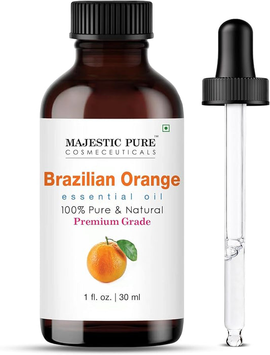 Majestic Pure Essential Oil with Glass Dropper - 100% Pure and Natural - Essential Oils for Diffuser, Aromatherapy, Soap and Candle Making, Brazillian Orange Essential Oil, Orange Oil, 1 Fl Oz