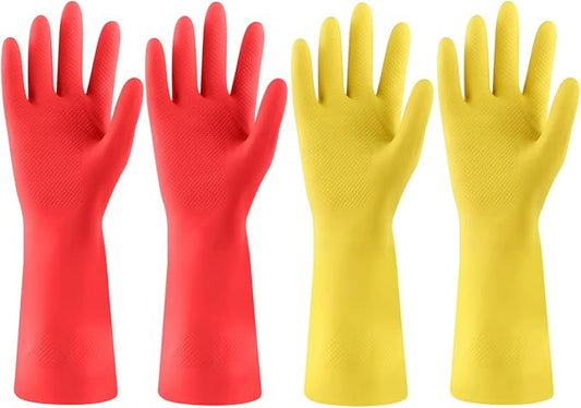 Rubber Kitchen Dishwashing Gloves - 4 Pairs Colorful Reusable Cleaning Gloves for Kitchen Washing Dishes and Household Cleaning(Small, Yellow+Red)