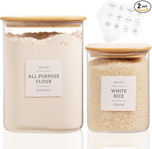 2 Pack large Square Glass Flour and Sugar Containers with 132 Kitchen Pantry Labels - 110 floz & 51 floz - Glass Jars with Airtight Bamboo Lid - Glass Rice Canisters for Coffee, Pasta, Cookie, Cereal