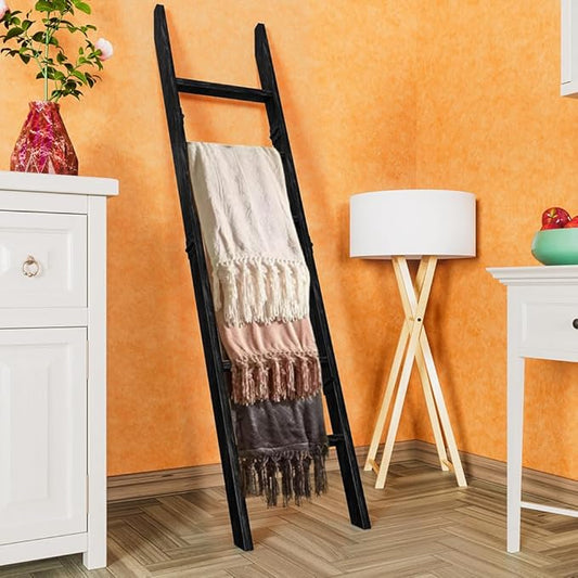 Decorative Foldable Wooden Blanket Ladder with Hooks, 6-Tier Pine Wood Quilt Ladder 68" — Easy Assembly, Anti-Slip, Farmhouse Decor Rack Stand for Living Room, Bedroom Bathroom (Black)