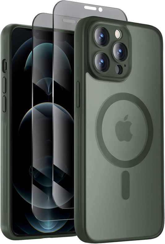 Designed for iPhone 12 Pro Case, Compatible with MagSafe, with Privacy Screen Protectors X2, [Camera Protection] [15FT Military Drop Protection] Shockproof Phone Case, 6.1", Alpine Green