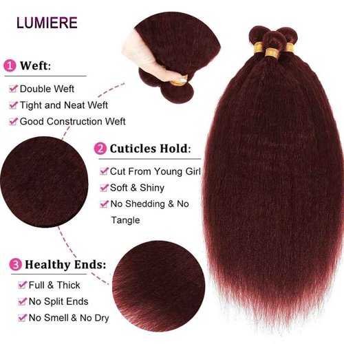 #99J Burgundy Bundles Human Hair Yaki Straight Bundles 34 34 34 Inch Wine Red Kinky Straight Bundle Human Hair Extensions Unproceesed Virgin Hair 50 Gram Per Bundle 3 Bundle