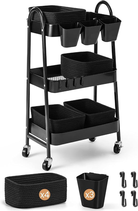 3-Tier Rolling Utility Cart with 4 Woven Baskets, Diaper Book Snack Cart, Storage Organizer for Nursery, Kitchen, Craft Room, Home SPA, Living Room, Metal Frame Trolley on Lockable Wheels, Black