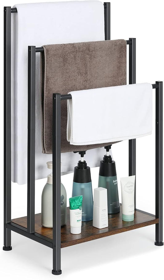 Freestanding Towel Rack, 3 Tier Blanket Ladder Holder with Rustic Brown Wooden Shelf, Industrial Display & Drying Stand Storage Rack with Non-Slip Feet for Living room, Bathroom, 17.1"L*11"W*32.3"H