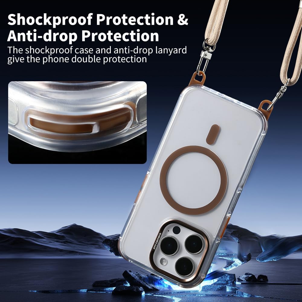 for iPhone 14 Pro Max Case with 62.99 inch Lanyard, Compatible with MagSafe, Shockproof Military-Grade Protection, Yellowing Resistant, Adjustable Strap Magnetic Cover, Classic Clear&Brown