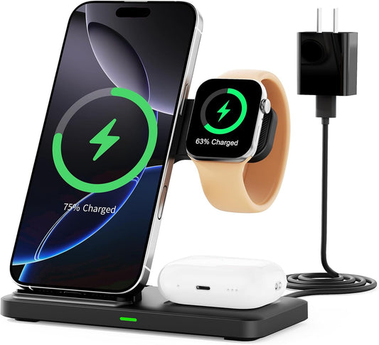 2025 3 in 1 Wireless Charger for iPhone 16 15 14 13 12 11 XR 8, Apple Charging Station for Apple Watch 10/9/Ultra/8/7/SE/6/5/4 & AirPods Series, Wireless Charging Station for Multiple Devices Apple