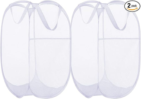 BATTOO Deluxe Strong Mesh Pop up Laundry Hamper Basket with Side Pocket for Laundry Room, Bathroom, Kids Room, College Dorm or Travel 2 Pack White