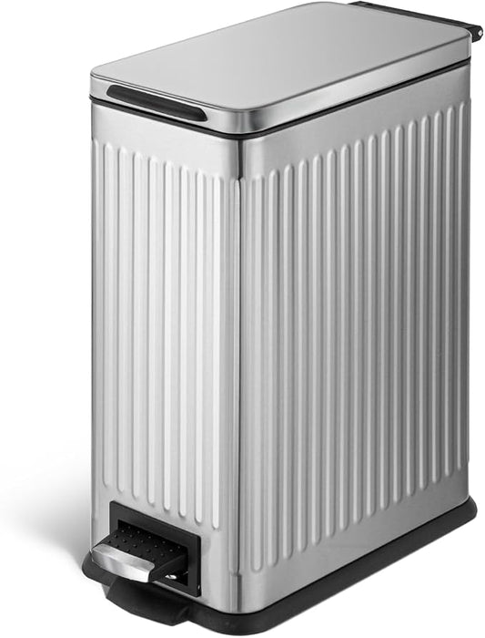 Home Zone Living 4 Gallon Kitchen Trash Can with Slim Fit Design | Stainless Steel with Soft-Close Step Pedal Lid, Bag Tuck Band for Easier Bag Changes, Rectangular Shape, Reeded Style, Silver