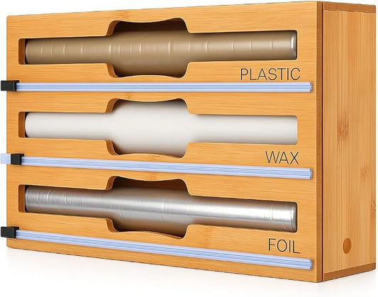 3 in 1 Wrap Organizer with Cutter and Labels, Plastic Wrap, Aluminum Foil and Wax Bamboo Dispenser for Kitchen Storage Organization Holder for 12" Roll (Natural)