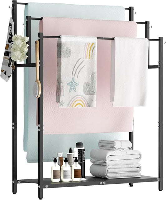 Mondazie 44” Tall Free Standing Towel Racks with 6 Hooks for Bathroom, 3 Tiers Oversized Pool Bath Towels Drying Stand, Metal Blanket Ladder Holder with Storage Shelf for Bedroom Living Room, Black