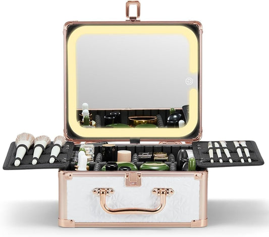 Qislee Makeup Box with A Detachable Lighted Mirror, Waterproof Travel Train Case, Cosmetic Organizer and Makeup Suitcase with Adjustable Dividers, Magnetic LED Mirror(Bright White)