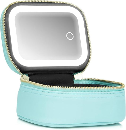 Mini Makeup Bag with Led Mirror, Small Travel Make up Bag 3 Light Modes Adjustable Brightness, for Women Organizer Cosmetic Bag, Portable Travel Train Toiletry Bag, for Pool Parties Work Touch-Ups