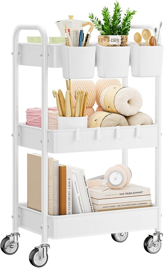 YASONIC Metal 3 Tier Rolling Cart - Heavy Duty Utility Cart with Lockable Wheels, Hanging Cups, Hooks, Mesh Rolling Storage Cart Craft Cart Organizer, Lightweight and Sturdy, White
