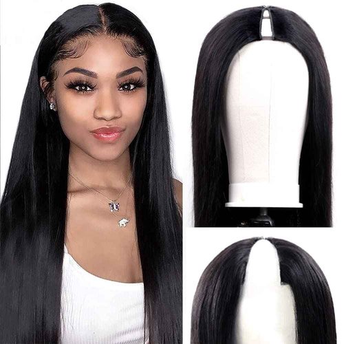 Amznlady V Part Wigs Straight Brazilian Virgin Human Hair Wigs for Black Women Upgrade U Part Wigs Glueless Full Head Clip In Half Wig V Shape Wig No Leave Out 180% Density Natural Color 18"
