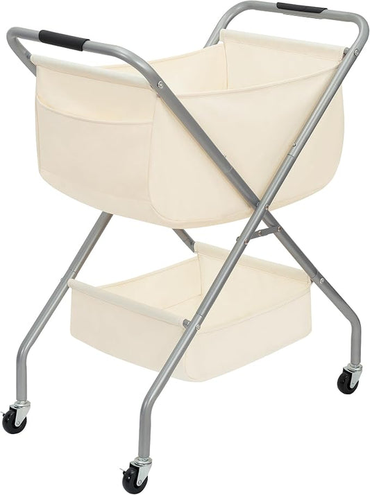 STORAGE MANIAC Collapsible Laundry Cart with Wheels 31.5"H Rolling Laundry Hamper Clothes Basket with Wheels, Canvas Liner Sturdy Steel Frame Folding for Small Narrow Space Easy Storage, Beige