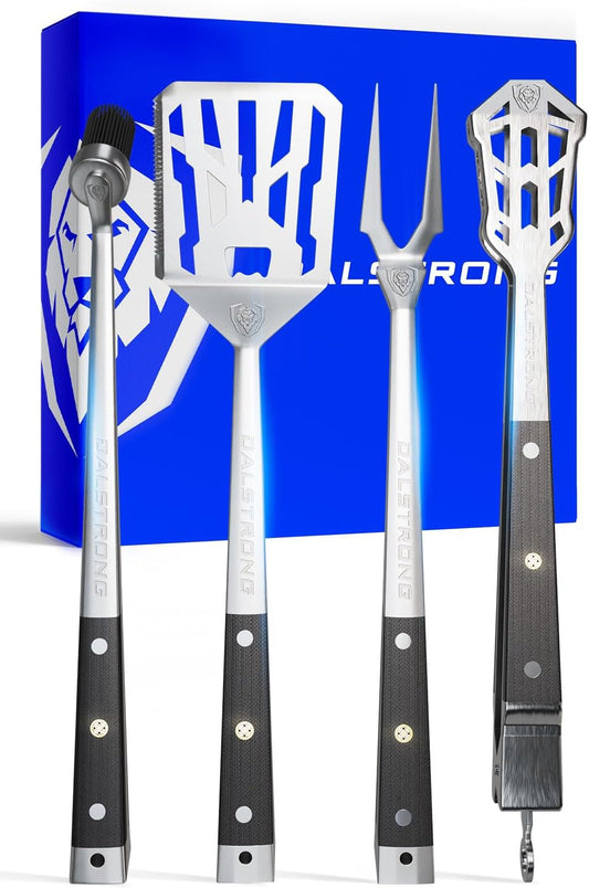 DALSTRONG 4-Piece Professional BBQ Pitmaster Grill Set - Premium High-Carbon Stainless Steel Grilling - 18 inch Length - Silicone Brush, Spatula, Tongs, Fork - G10 Handles