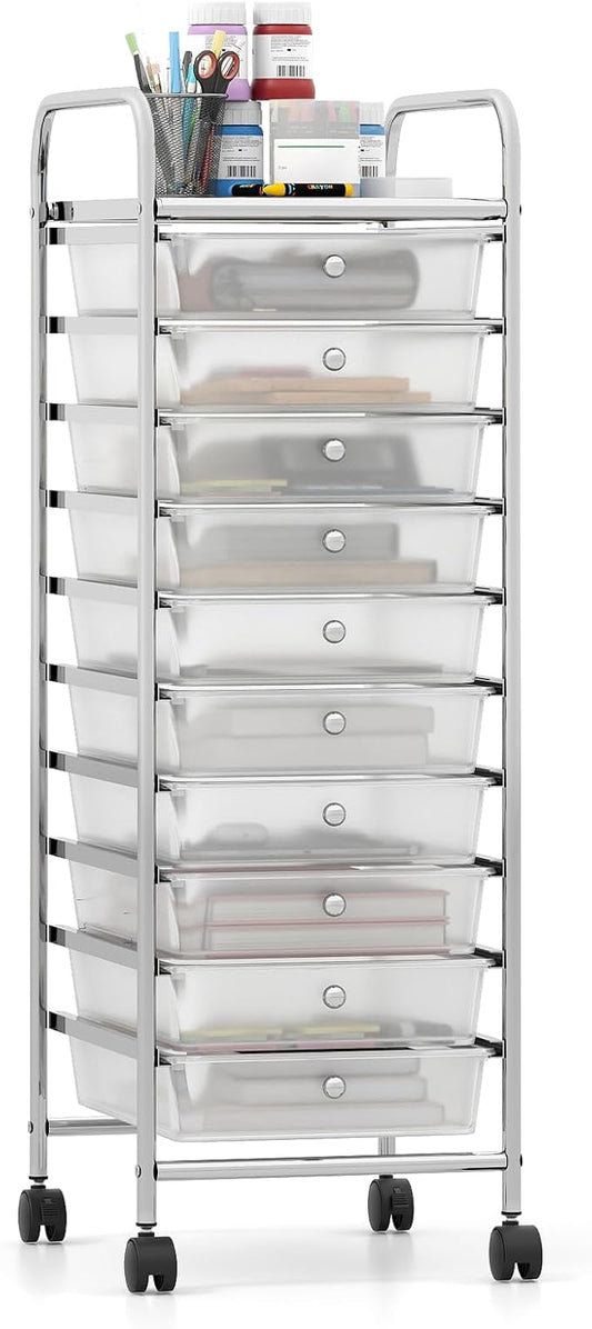 Giantex Rolling Storage Cart with 10 Drawers, Utility Cart with Tabletop, Drawer Organizer with Wheels for Craft Art Paper Tool, Mobile Organization & Sorting for Office Home School School Supplies