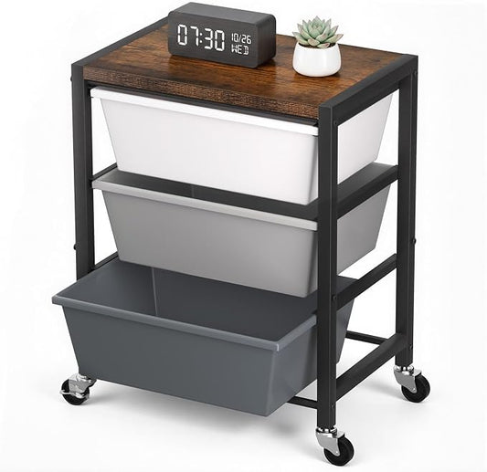 Rolling Cart with 3 Drawers, Plastic Drawer Storage Carts with Lockable Wheels & Wooden Tabletop, Metal Art Craft Utility Cart Organizer for Home Office Bedroom Dorm Bedside Classroom, Dark Gray