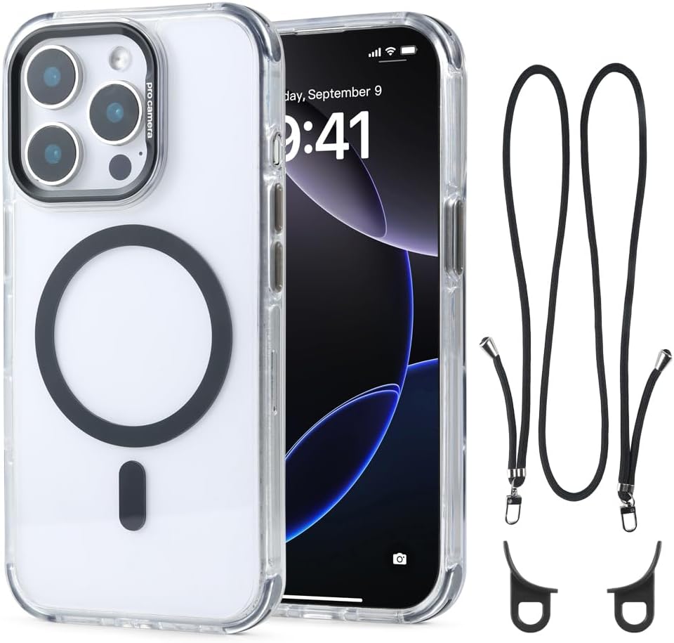 for iPhone 14 Pro Case with 62.99 inch Lanyard, Classic Clear&Black Magnetic Phone Case, Drop&Shockproof Protection Cases, Phone Lanyard for Around The Neck, Compatible with Magnet Accessory