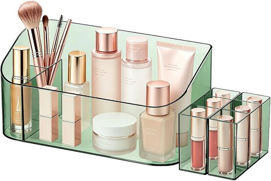 Makeup Tray Holder Organizer Cosmetic Display Case Tabletop Desktop Vanity Countertop Bathroom Wall Cabinet Medicine Storage Box 9 Dividers 2 Removable Women Ladies Girls Gifts Crystal Green 1 PACK