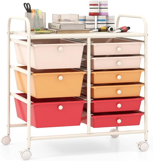 Giantex 9 Drawers Rolling Cart, Classroom Organizers, Storage Cart with Wheels, for Teacher Office Home School Supplies Tool Craft Art Paper, Macaron Multicolor