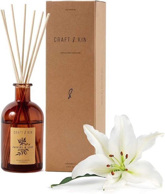 Craft & Kin Lily & Jasmine Reed Diffuser – 5.75 oz Essential Oil Diffuser for Home & Bathroom – Up to 120-Day Fragrance with 8 Rattan Scent Sticks – Amber Glass Room Decor