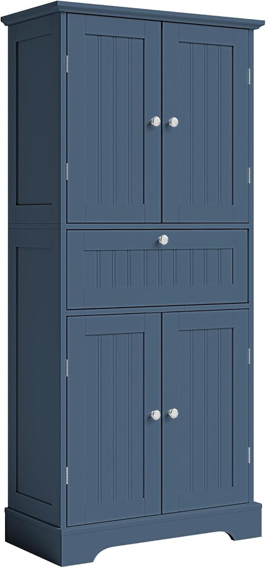 ChooChoo 51" H Tall Bathroom Floor Cabinet, Modern Bathroom Storage Cabinet with Drawer and Adjustable Shelves, Freestanding Kitchen Pantry Cupboard with 4 Doors for Living Room, Blue
