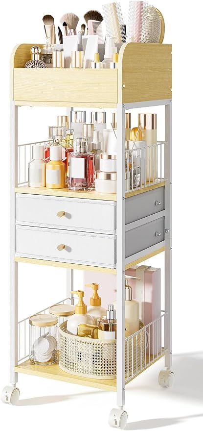 TidyStash Rolling Cart with Drawers 4-Tier Storage Cart with Large Drawers, Heavy-Duty Steel Frame and Wood Shelves Organizer for Makeup, Skincare Bathroom Kitchen Dorm Vanity Home Supplies