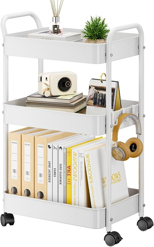 YASONIC 3-Tier Metal Rolling Cart, Sturdy Storage Utility Carts with Wheels, Multifunction Craft Art Organizer for Bedroom, Laundry, Garage, Office, Nursery, Bathroom, Easy Assembly (White)