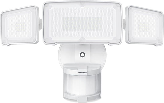 LEPOWER LED Security Lights Motion Sensor Light Outdoor, 38W 4200LM Light, 5500K, IP65 Waterproof, 3 Head Detected Flood Light for Garage, Yard, Porch (White)