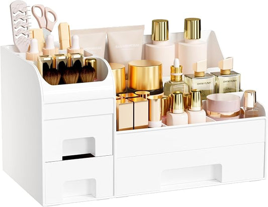 Makeup Organizer with Drawers,Large Cosmetic Storage Box,Countertop Skincare Organizer,ABS Makeup Brush Holder for Bathroom,Desk,Dresser,Multifunctional Beauty Display Case,White transparent