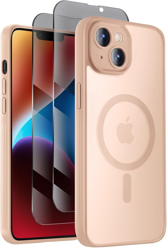 Designed for iPhone 14 Case, Compatible with MagSafe, with Privacy Screen Protectors X2, [Camera Protection] [15FT Military Drop Protection] Shockproof Phone Case, 6.1", Light Brown