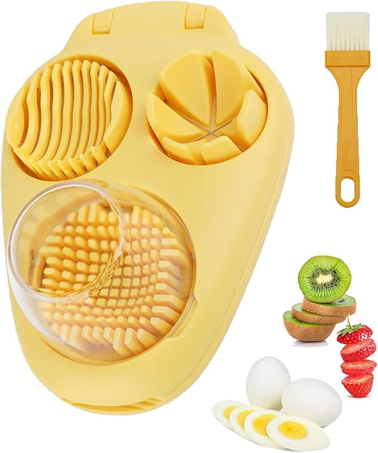 3 In 1 Egg Slicer for Hard Boiled Eggs with Cleaning Brush, Multipurpose 3-Way Cutter with 3 Slice Modes, Heavy Duty, Hard Boiled Egg Cutter & Fruit Slicer, Dishwasher Safe (Yellow)