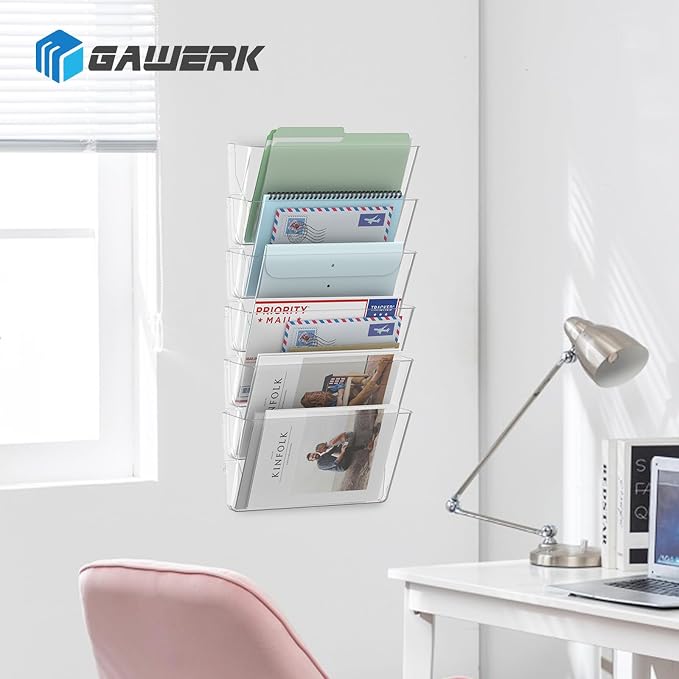 Gawerk 2 Pack Clear Single Pocket File Holder Hanging Wall Organizer, Wall Mount Mails Magazines Organizer for Office and Home (Clear, 5 Pack)