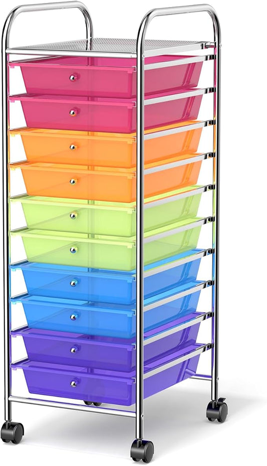 MEDIMALL 10 Drawers Rolling Storage Cart, Multipurpose Craft Storage Cart with Wheels, Mobile Tools Scrapbook Paper Organizer Cart for Office School Home Use (Rainbow)