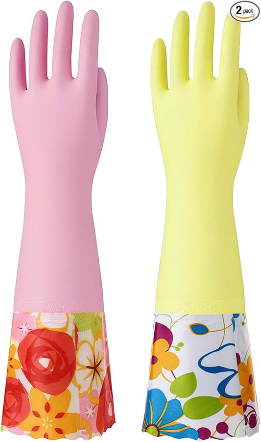 Bamllum 2 Pairs Rubber Cleaning Gloves, Household Kitchen Dishwashing Gloves with Cotton Flocked Liner, Long Cuff 16 Inches (Yellow+Pink, Small)