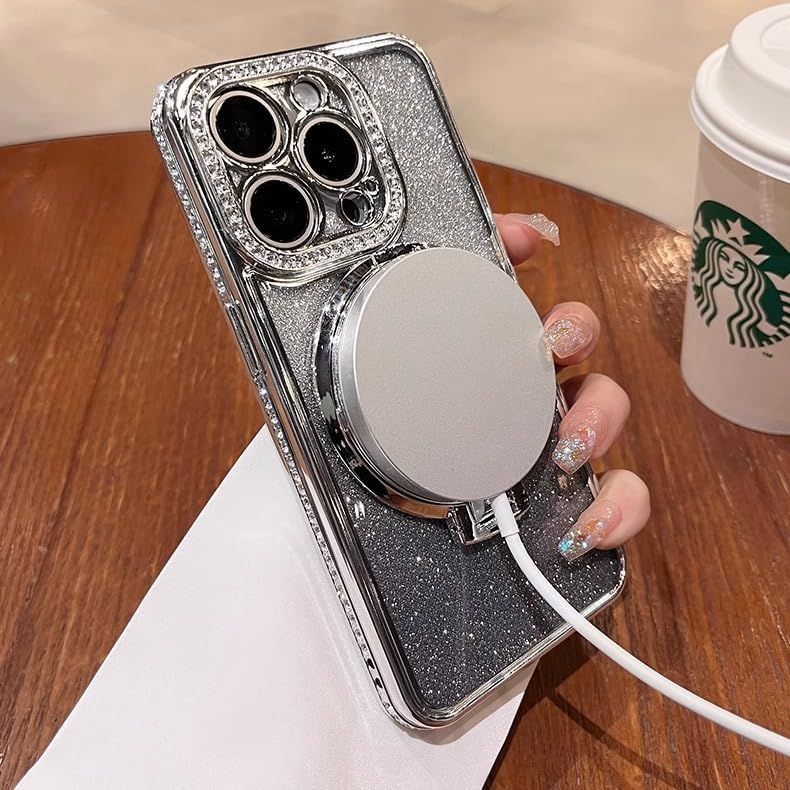 Magnetic Kickstand (Glitter Lens Protector ) Case for iPhone 15 14 13 12 Pro Max (Compatible with Magsafe ) Sparkling Diamond Cover Glitter Shiny Rhinestone Cases (Gold,for iPhone 13 Pro Max)