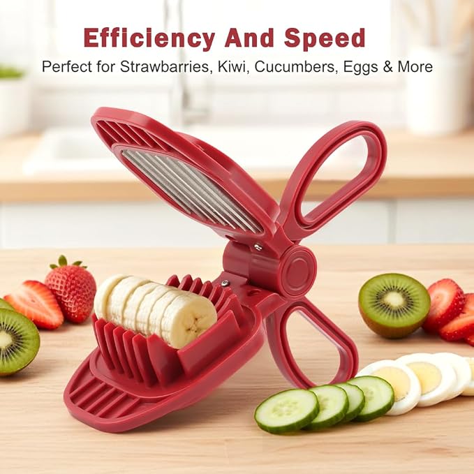 Fruit Slicer Hand-Held, Strawberry, Banana Slicester, Mushroom & Egg Slicer for Hard Boiled Eggs with Stainless Blades, Dishwasher Safe, Includes 1 Cleaning Brush for Home Cooking