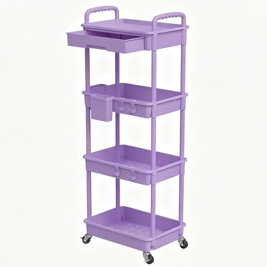 REBECAT 4 Tier Rolling Cart with Drawer, Utility Storage Cart on Wheels for Kitchen, Bathroom, Living Room,Office(Purple)