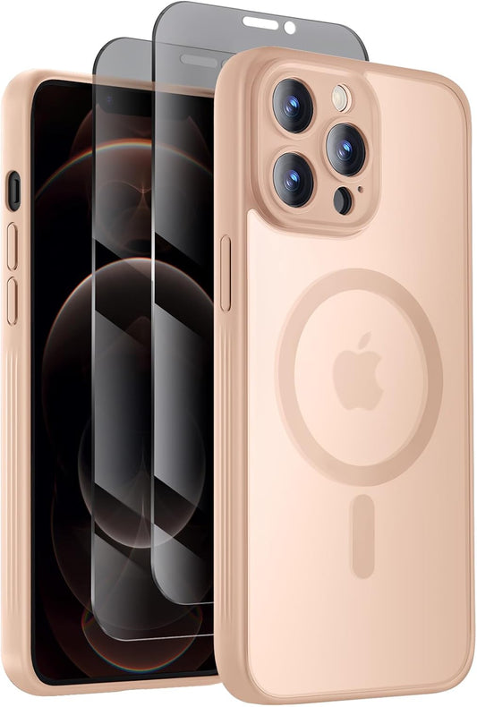 Designed for iPhone 12 Pro Case, Compatible with MagSafe, with Privacy Screen Protectors X2, [Camera Protection] [15FT Military Drop Protection] Shockproof Phone Case, 6.1", Light Brown