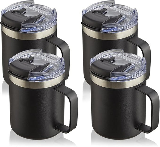 12oz Stainless Steel Insulated Coffee Mug with Handle, Double Wall Vacuum Tumbler Cup with Fliping Lid, Black, 4 Pack