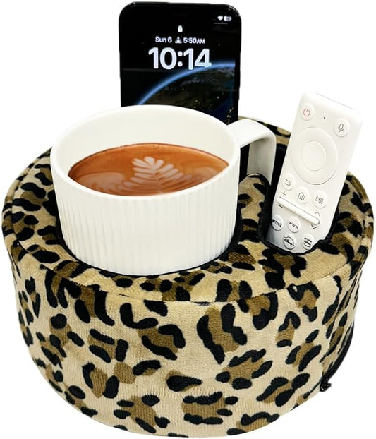 Xchouxer Couch Cup Holder Pillow, Sofa and Bed Organizer Caddy for Drinks, Remotes, Phones (Leopard)