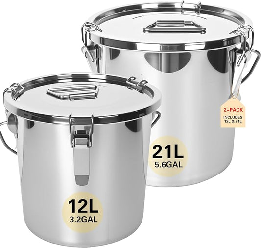 21L/5.6GAL and 12L/3.2GAL Stainless Steel Airtight Canister, Food Storage Canisters with Lid&Locking Clamp for Rice Flour Sugar Grain Coffee Bean Storage Containers (12L & 21L,2 CANISTERS)
