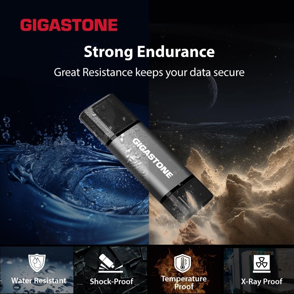 GIGASTONE 128GB Dual Flash Drive (2 Pack) Z40 USB 3.2 Gen 1, 2-in-1 Type-A & Type-C, 100MB/s Ultra Fast, Head Cap Design, Plug & Play for Smartphone/PC/Mac/TV/Car Audio, USB 2.0/3.0/3.1 Compatible