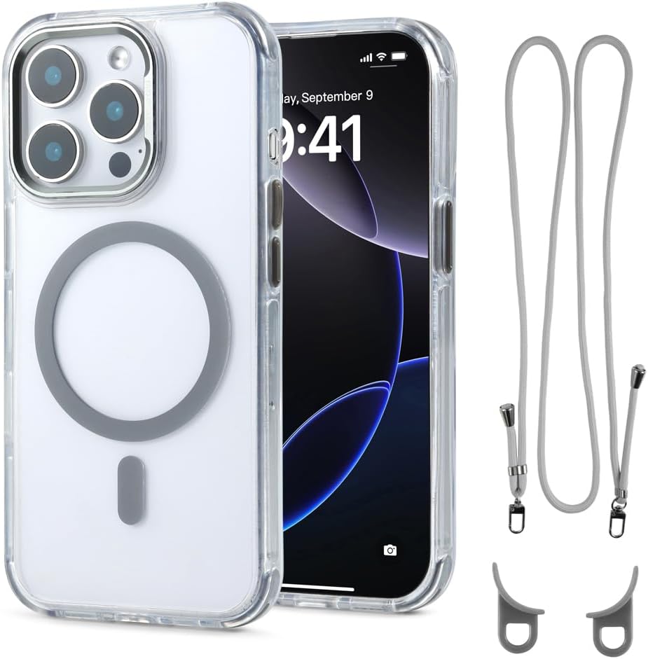 for iPhone 14 Pro Case with 62.99 inch Lanyard, Classic Clear&Gray Magnetic Phone Case, Drop&Shockproof Protection Cases, Phone Lanyard for Around The Neck, Compatible with Magnet Accessory