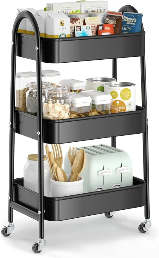 EAGMAK 3 Tier Utility Rolling Cart, Metal Storage Cart with Handle and Lockable Wheels, Multifunctional Storage Organizer Trolley with Mesh Baskets for Kitchen, Living Room, Office, Garage (Black)