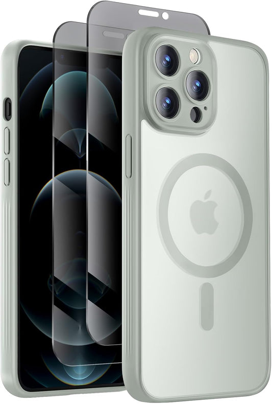 Designed for iPhone 12 Pro Max Case, Compatible with MagSafe, with Privacy Screen Protectors X2, [Camera Protection] [15FT Military Drop Protection] Shockproof Phone Case, 6.7", Calke Green