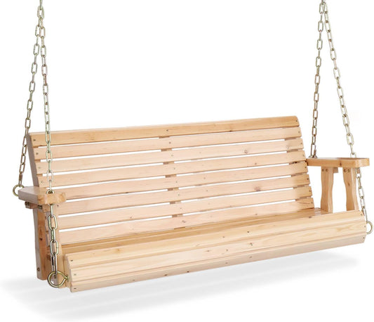 VINGLI Upgraded Patio Wooden Porch Swing for Courtyard & Garden, Heavy Duty 880 LBS Swing Chair Bench with Hanging Chains for Outdoors (Natural, 4 FT)