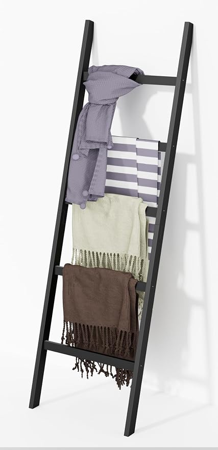WTZ Bamboo Blanket Ladder, 5-Layer Towel Racks, Blanket Holder with Anti-Slip Construction Home Decor, Decorative Blanket, Quilt, Towel, Scarf Ladder Shelves for Livingroom, Bedroom, Bathroom, Black
